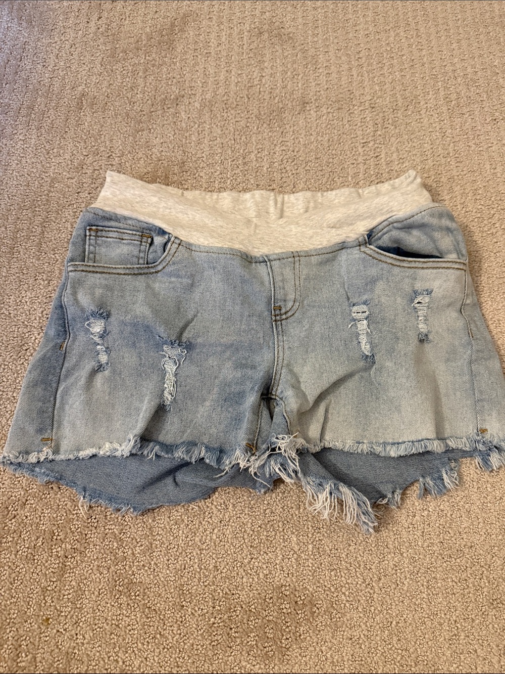 Light Blue Distressed Maternity Denim Shorts with Cream Stretch Waistband